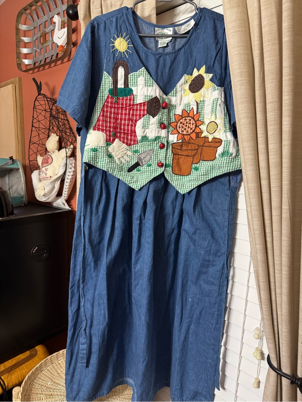 Denim Maxi Dress with Garden Applique Vest - Blue